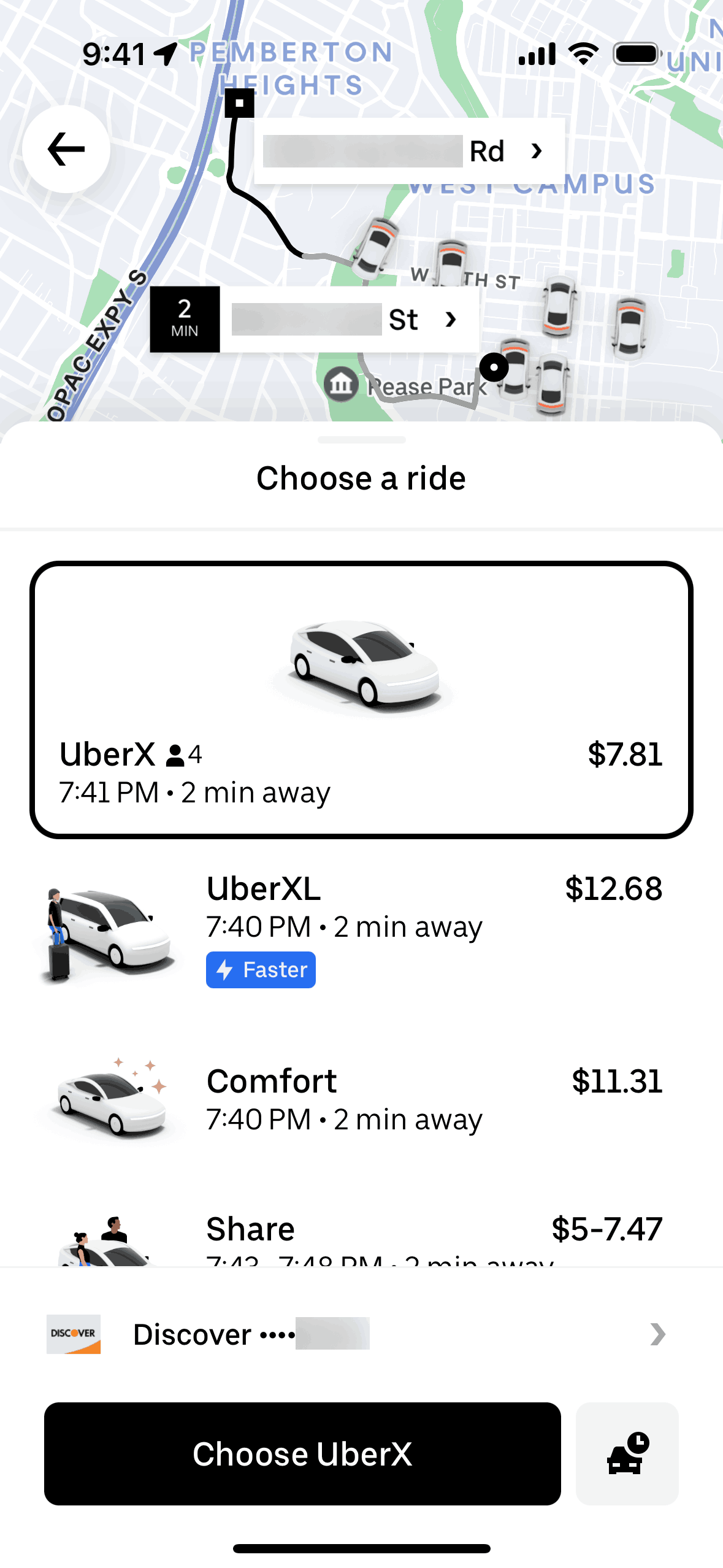 Real Uber app screen from the Requesting a ride flow