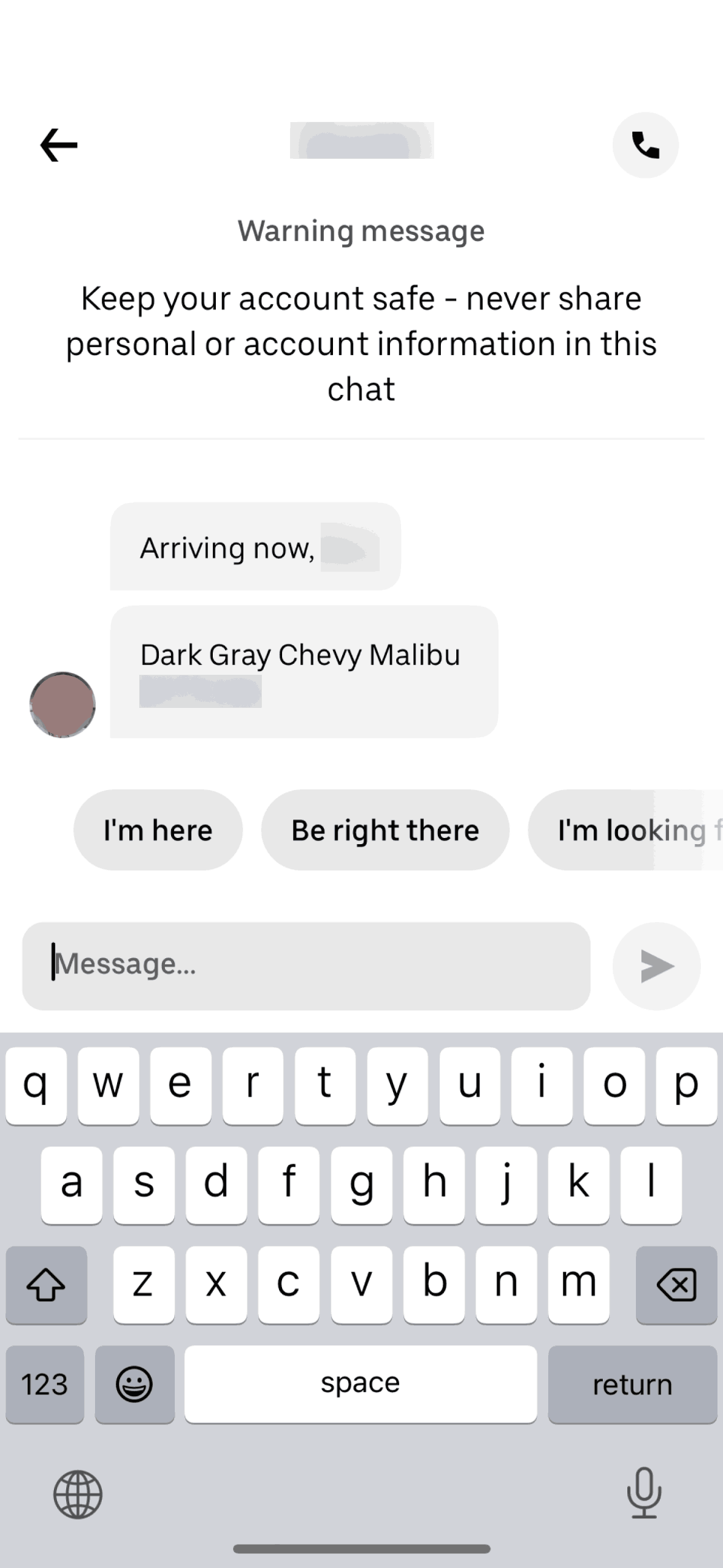 Real Uber app screen from the Message driver flow