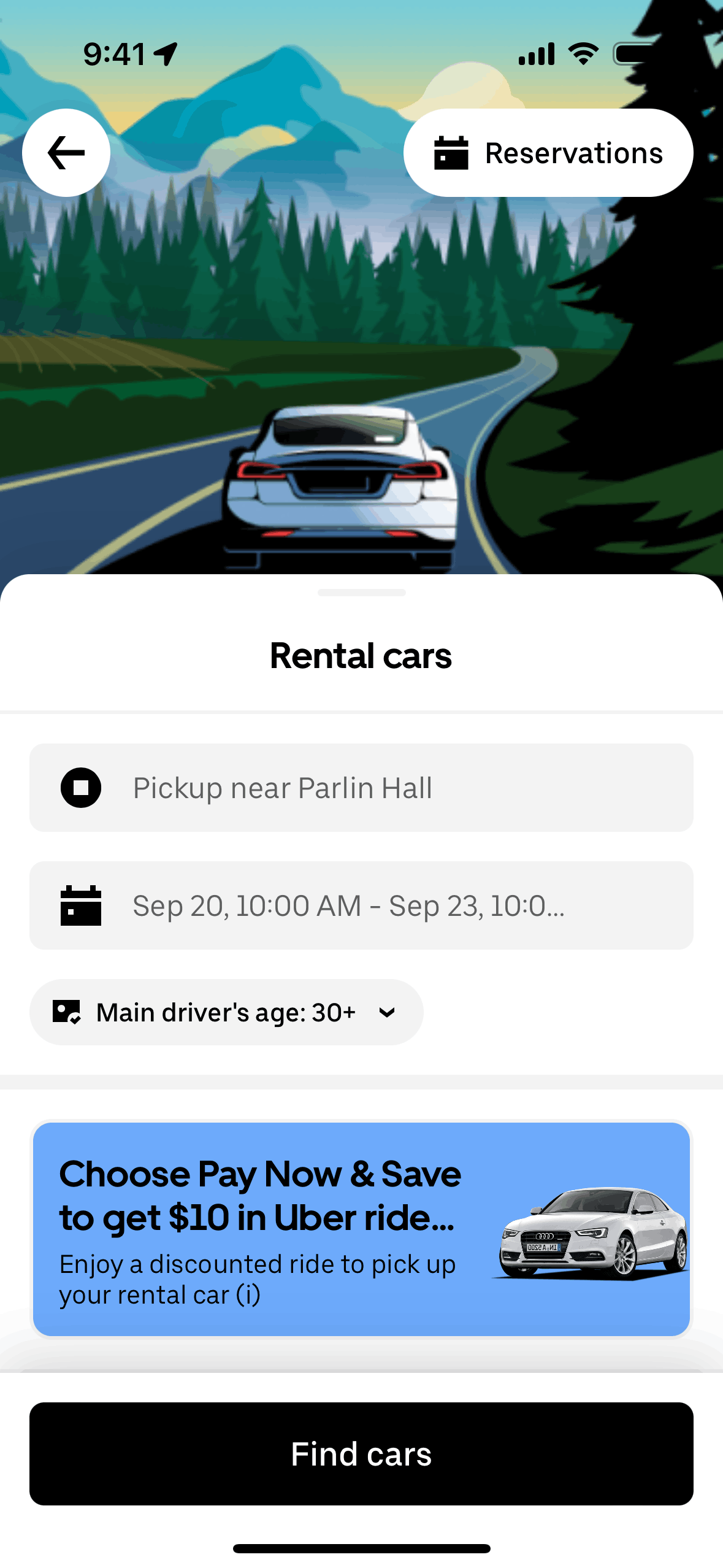 Real Uber app screen from the Renting a car flow