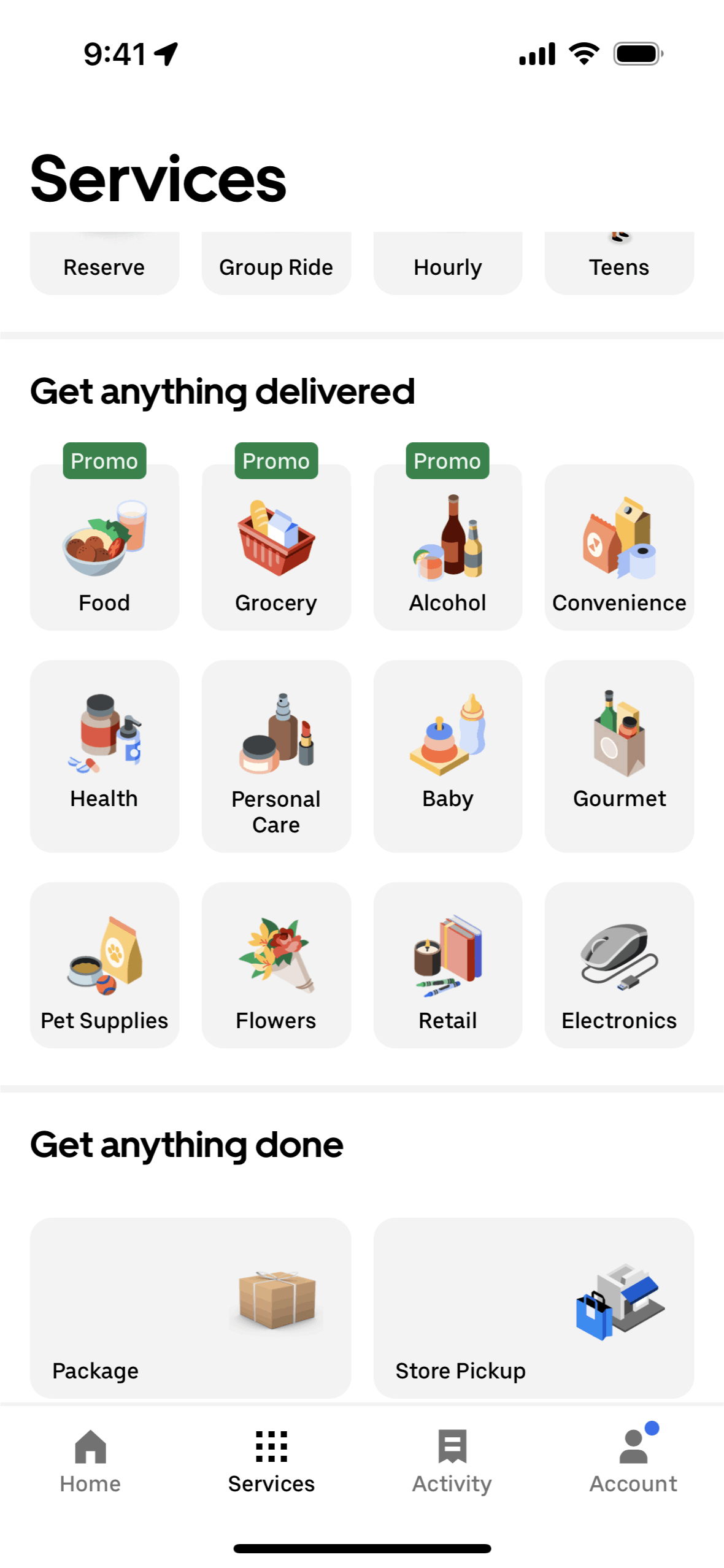 Real Uber app screen from the Services flow